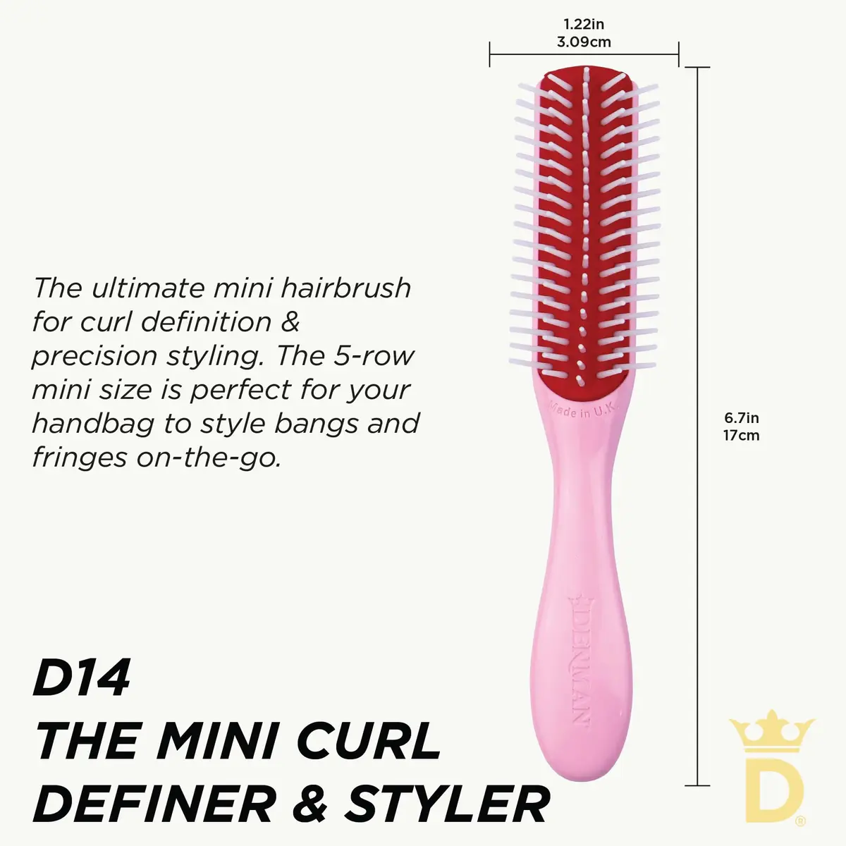 Denman Mini 5-Row Styling Brush D14 Pink Crush | Define Curls & Smooth Frizz - view 2