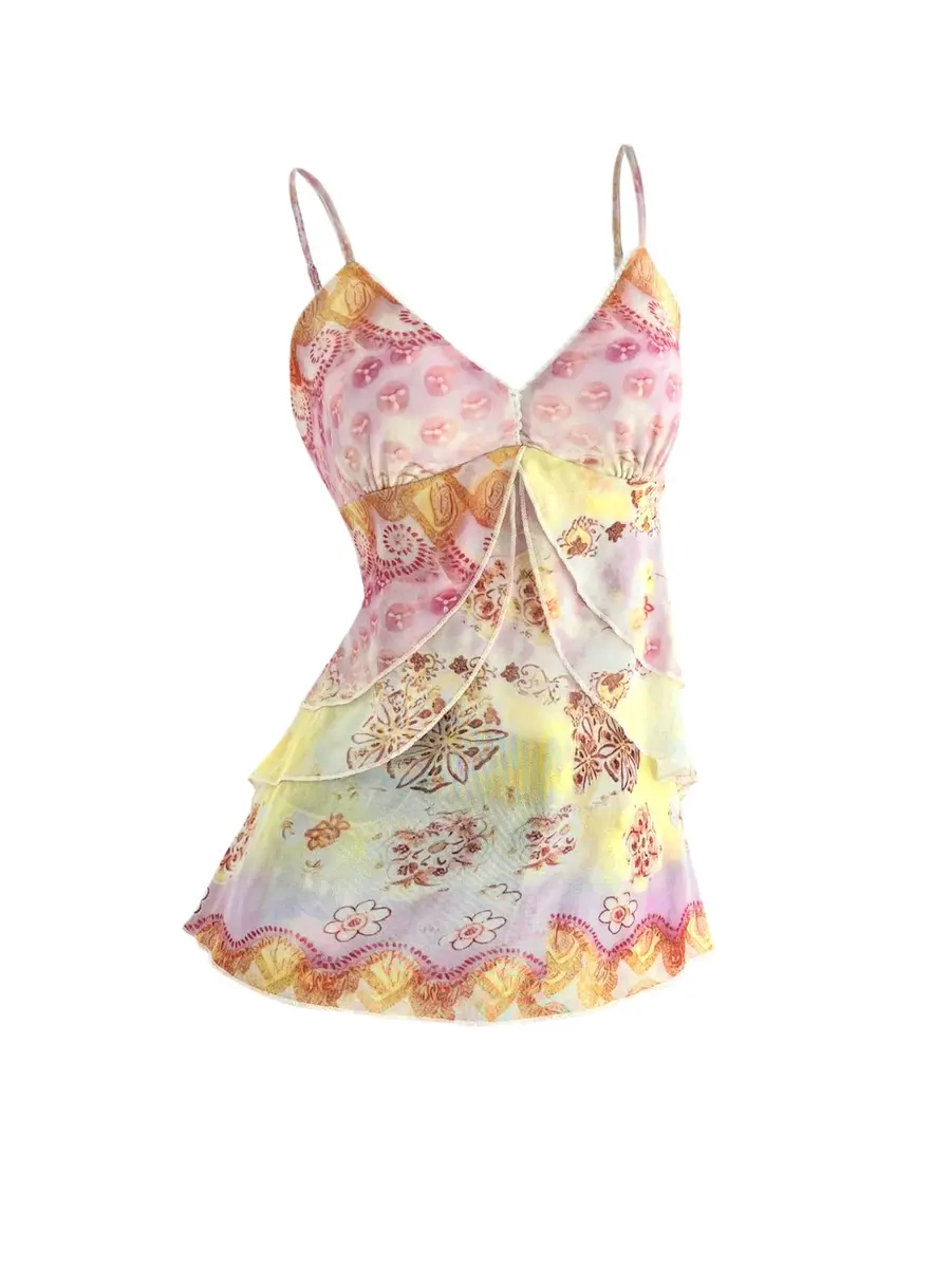 Verdusa Women's Y2k Cute Top Floral Mesh Tank Tops Going Out Crop Tops | Slim Fit, V-Neck, Sleeveless, Multicolor - main product image