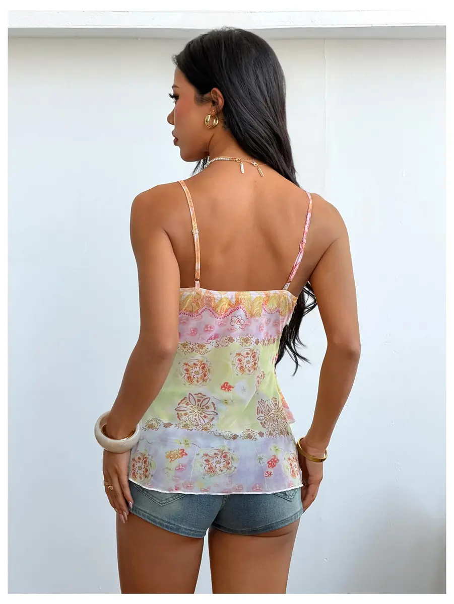 Verdusa Women's Y2k Cute Top Floral Mesh Tank Tops Going Out Crop Tops | Slim Fit, V-Neck, Sleeveless, Multicolor - view 2