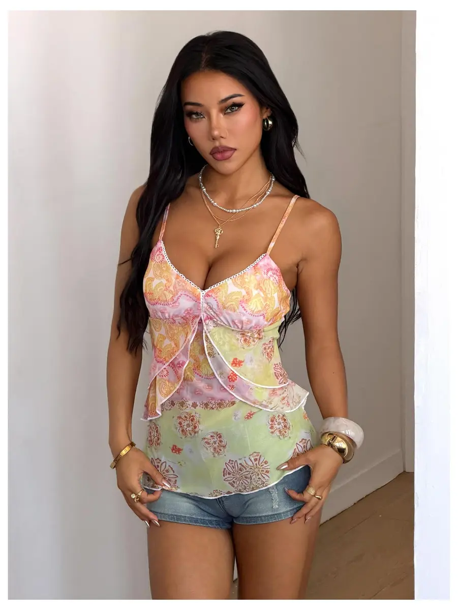 Verdusa Women's Y2k Cute Top Floral Mesh Tank Tops Going Out Crop Tops | Slim Fit, V-Neck, Sleeveless, Multicolor - view 3