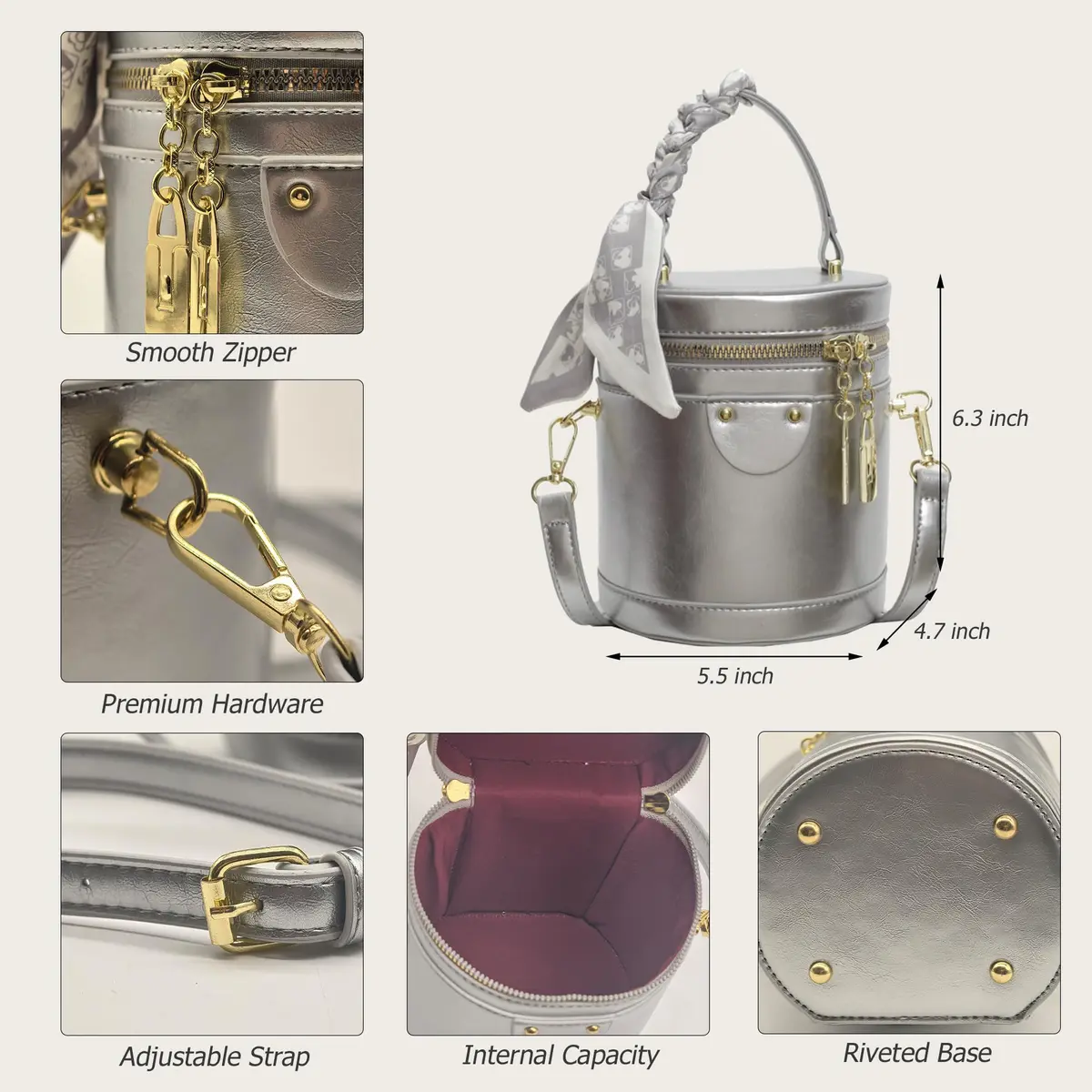 SYHTBYOH Cylinder Bucket Crossbody Bag for Women Vegan Leather Small 5.5"L x 4.7"W x 6.3"H | Casual & Elegant - view 4