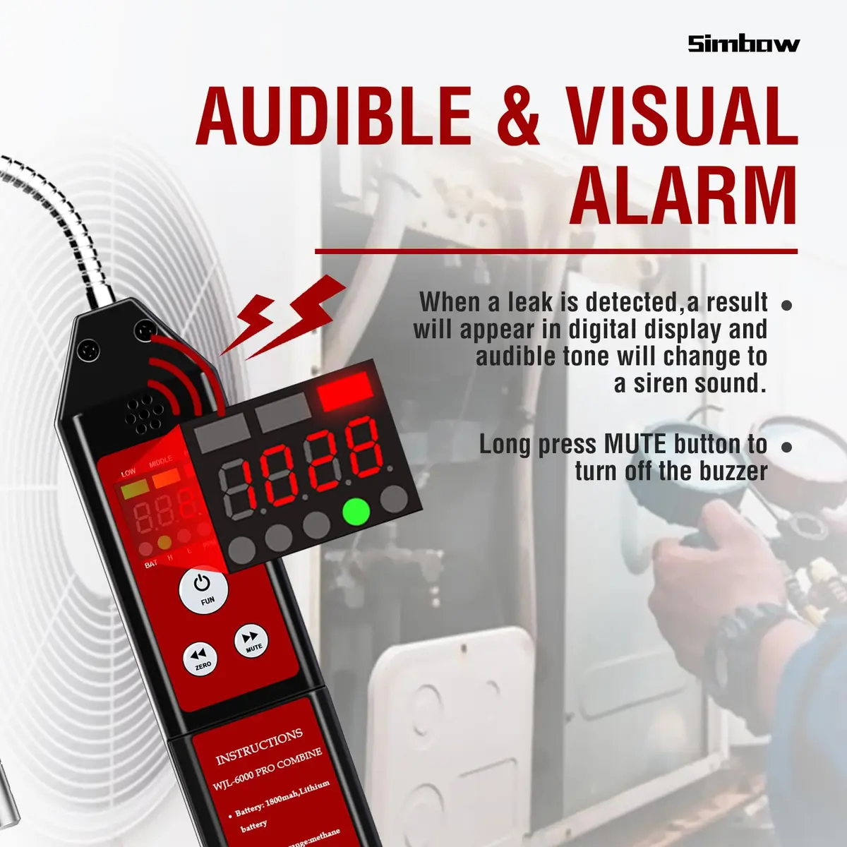 Simbow HVAC Refrigerant Leak Detector with PPM &%LEL Modes | All-Metal Probe & Fast Response - view 3