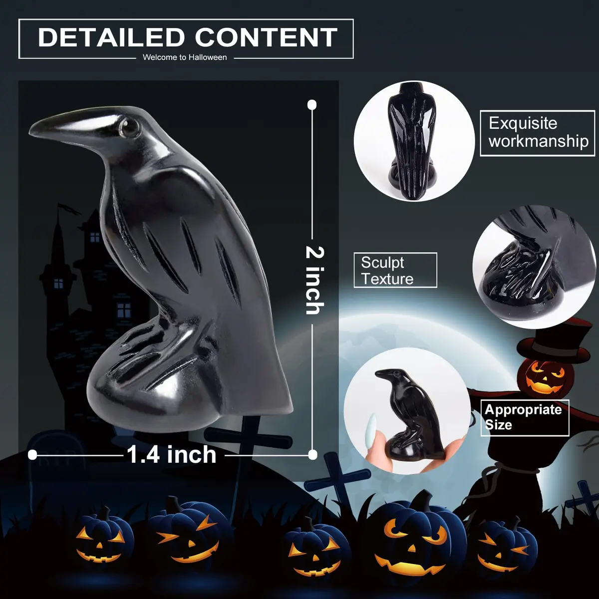 Hguxmcu Black Obsidian Raven Statue 5 cm (2 in) | Gothic Witchy Decor for Altars & Halloween - view 2