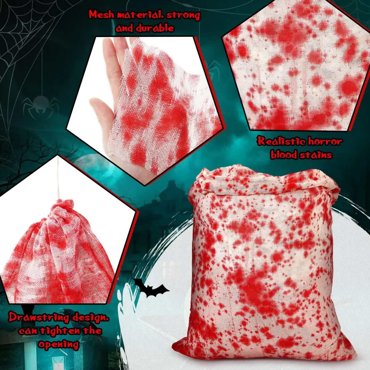 Arrowbash Halloween Bloody Drawstring Treat Bags 140 x 90 cm (55.12 x 35.43 in) | Horror Bloody Style Gauze Bags - view 3