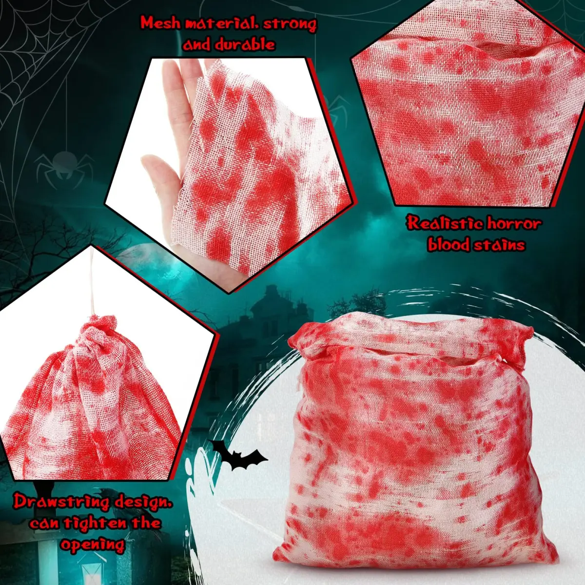 Arrowbash Halloween Bloody Drawstring Treat Bags 50cm (20in) | Horror Bloody Style with Realistic Splatter - view 3