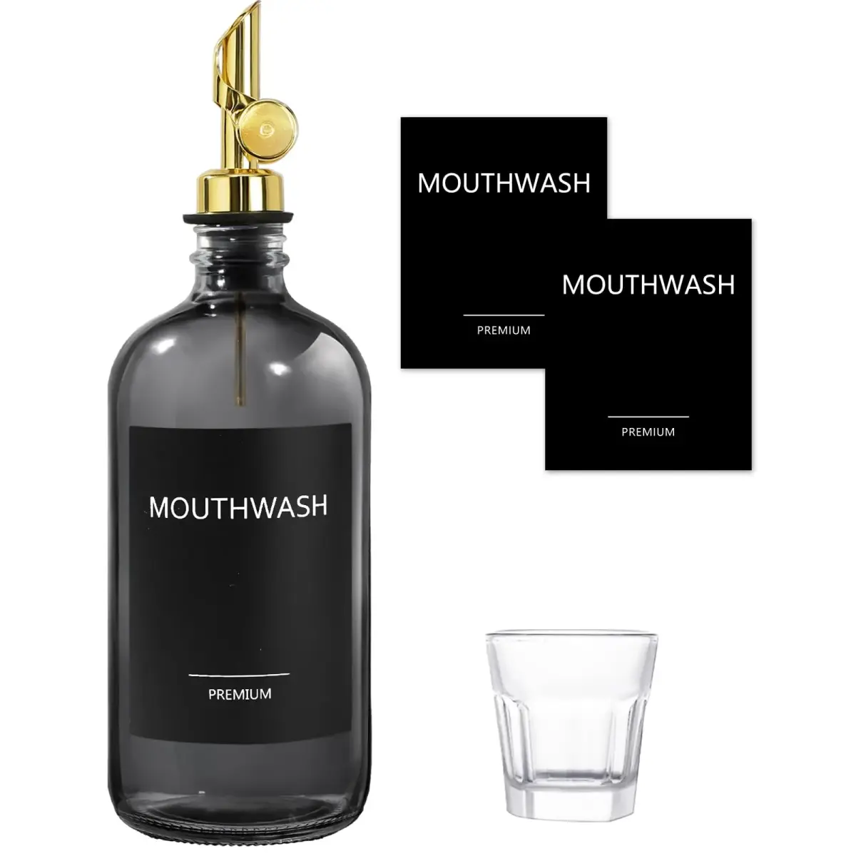 TOLDATLI Glass Mouthwash Dispenser with Cup 502ml (17 fl oz) | Auto Flip Pour Cap for Hygienic Oral Care - main product image