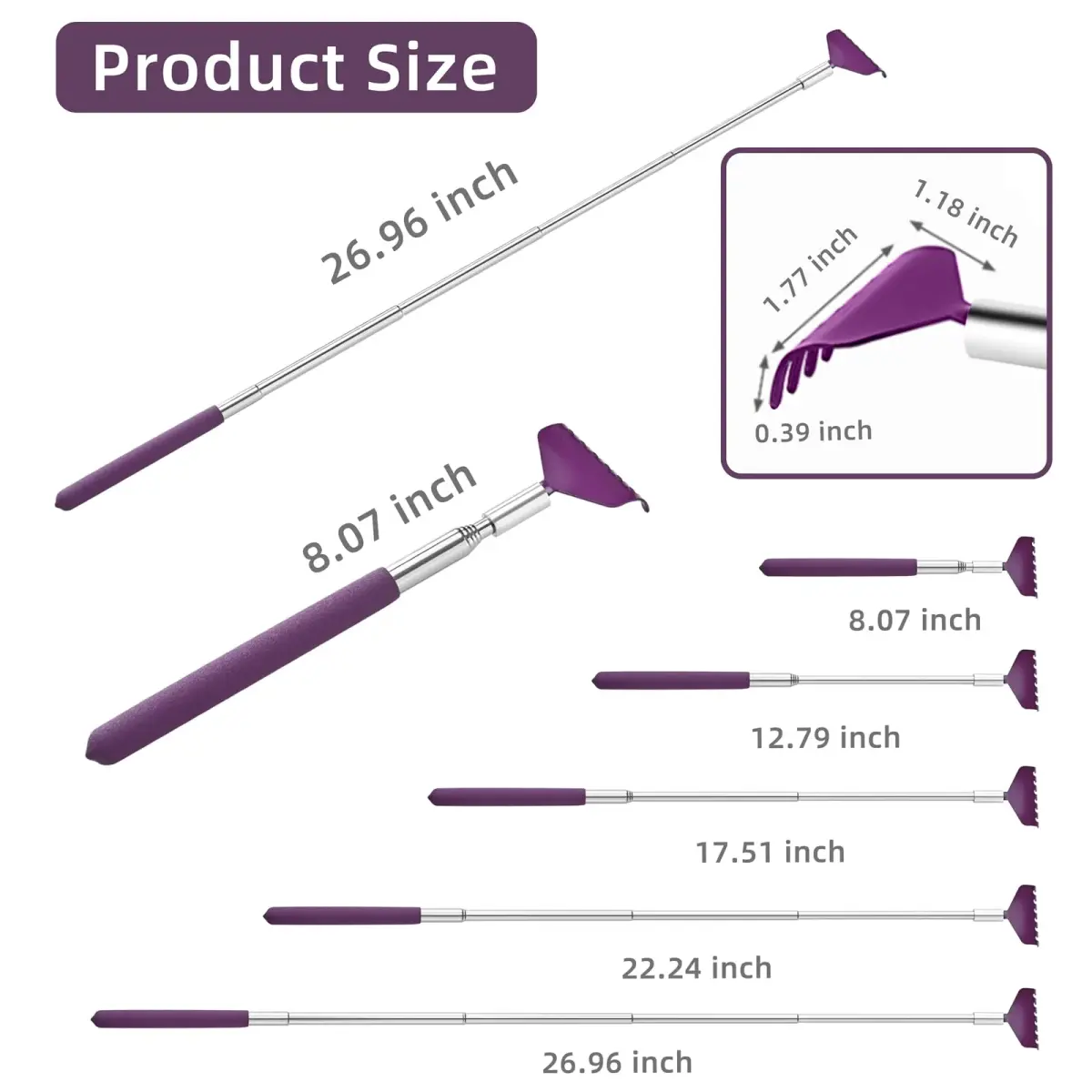 Kuvvfe 2 Pack Extendable Back Scratcher 61cm (24 inches) | Stainless Steel Telescoping with Rubber Grip - view 3