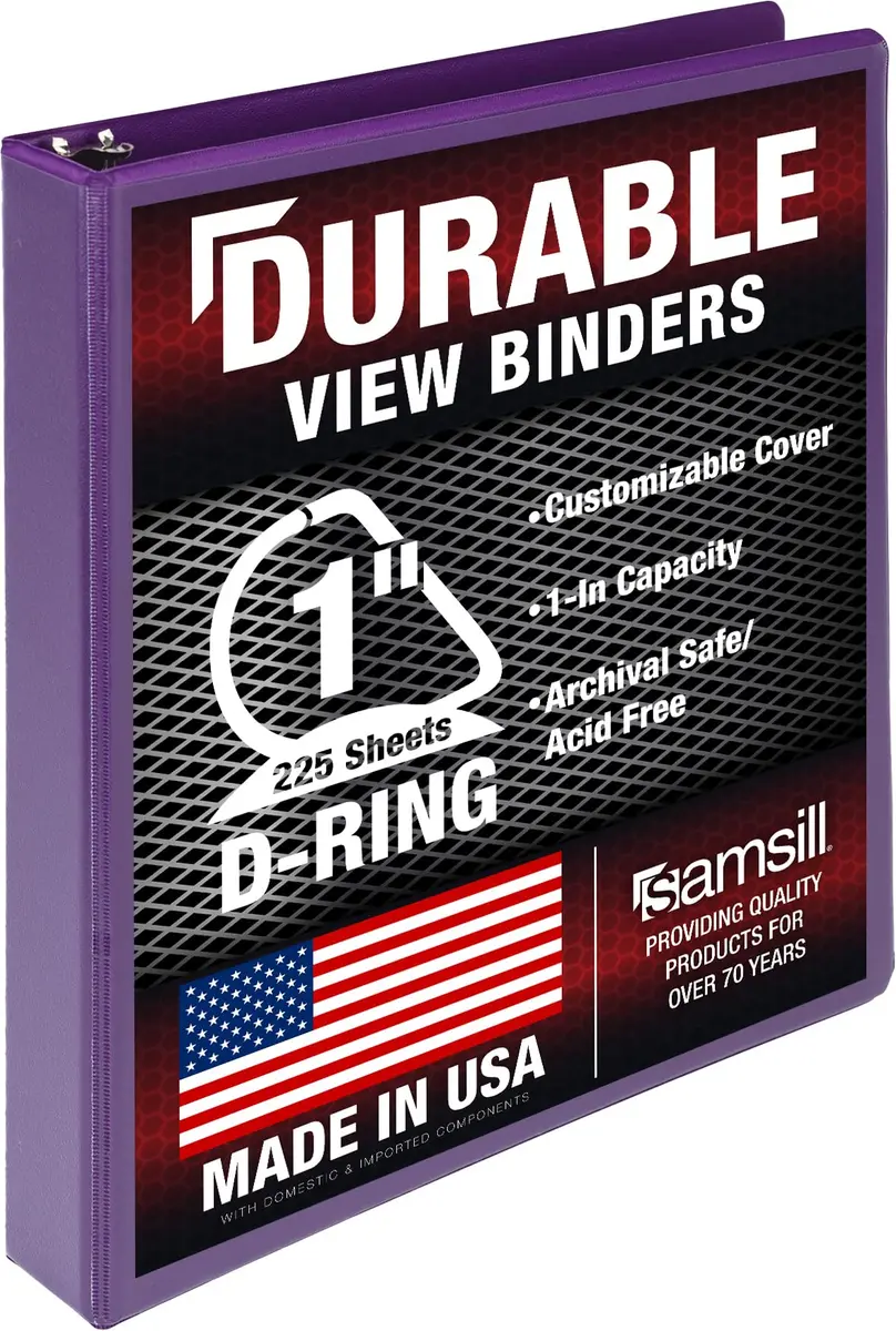 Samsill Durable 1 Inch D-Ring Binder, Customizable Clear View Cover, Plum Purple | Holds 225 Pages - main product image