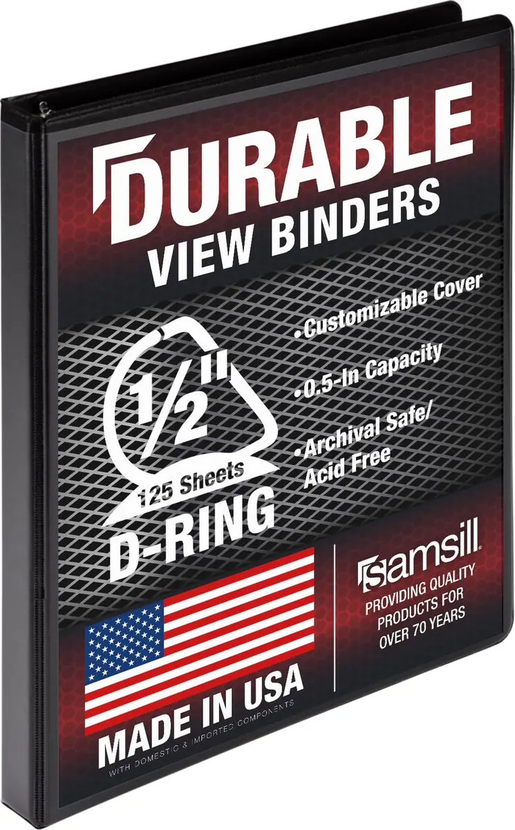 Samsill Durable 0.5 Inch D-Ring Binder | Customizable Clear View Cover, Charcoal Black, Holds 125 Pages - main product image