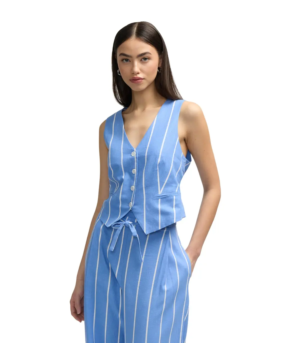 NVLT Women's Linen Tailored Vest X-Small | Blue/White Stripe, Button Front - main product image