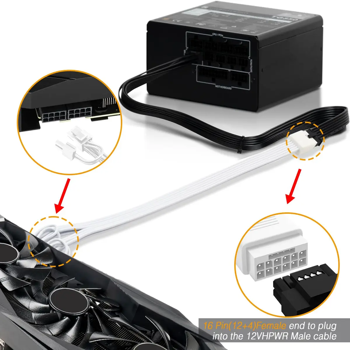 COMeap 16 Pin to Dual 8 Pin PCIe Conversion GPU Power Cable 30cm (11.8in) White | 600W Rated Power - view 6