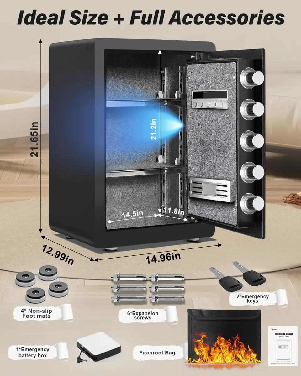 kavey 2.5 Cub Safe Box Large Home Safe with Fireproof Waterproof Bag | Dual Alarm Touch Screen - view 3