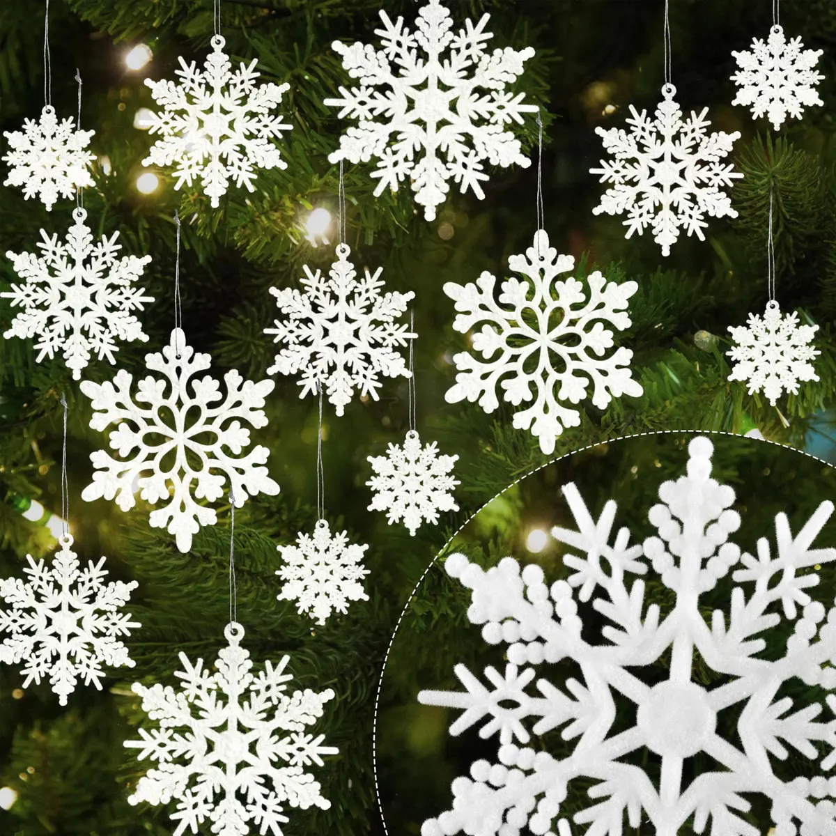 GuassLee Hanging Ornaments 36pcs | White Flocked Snowflakes for Xmas & Winter Wonderland (70-120 chars) - main product image