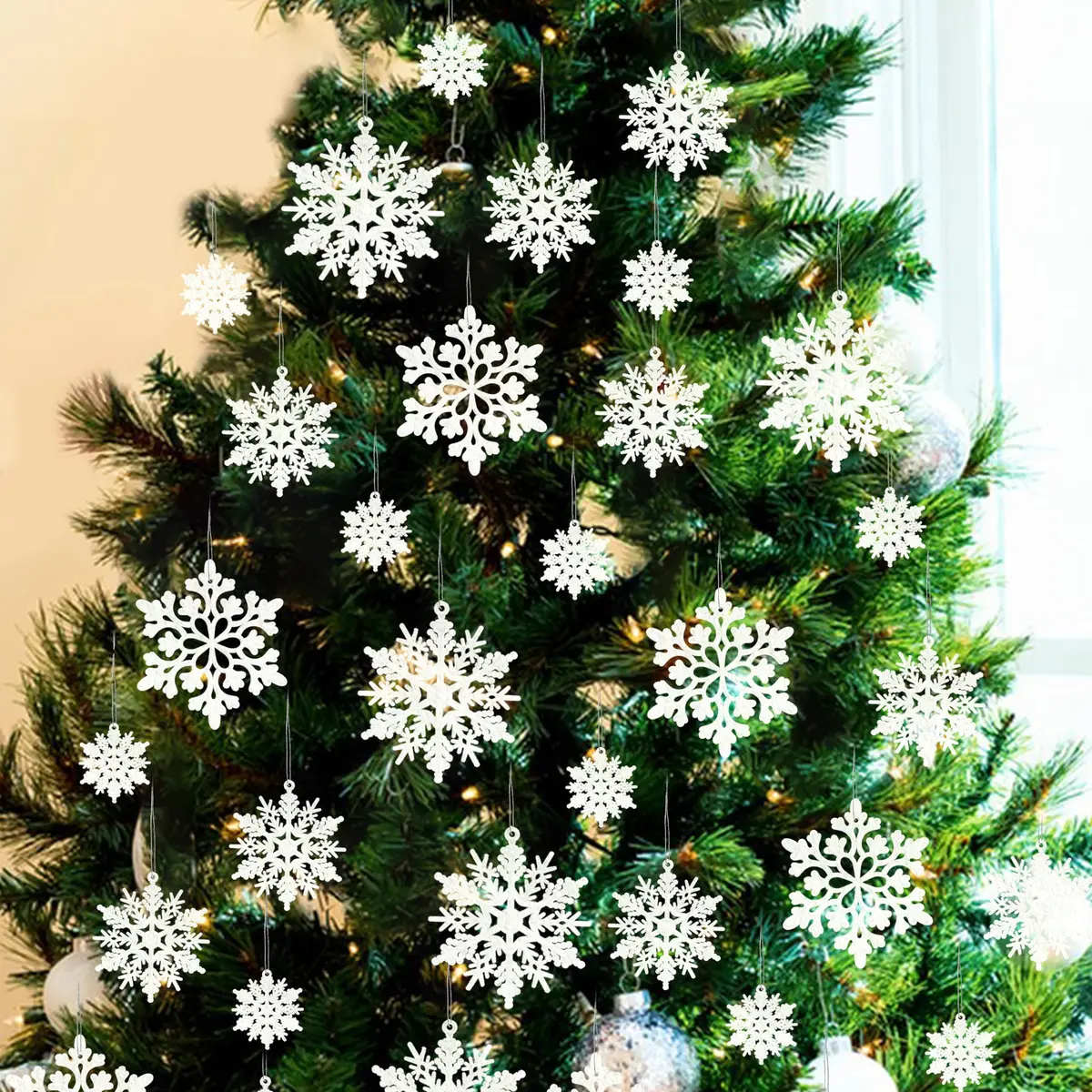 GuassLee Hanging Ornaments 36pcs | White Flocked Snowflakes for Xmas & Winter Wonderland (70-120 chars) - view 5
