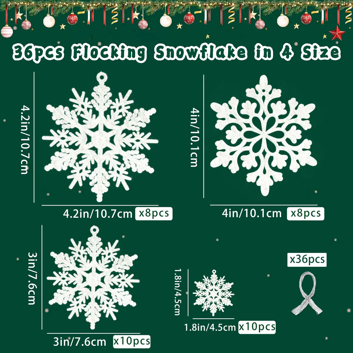 GuassLee Hanging Ornaments 36pcs | White Flocked Snowflakes for Xmas & Winter Wonderland (70-120 chars) - view 3