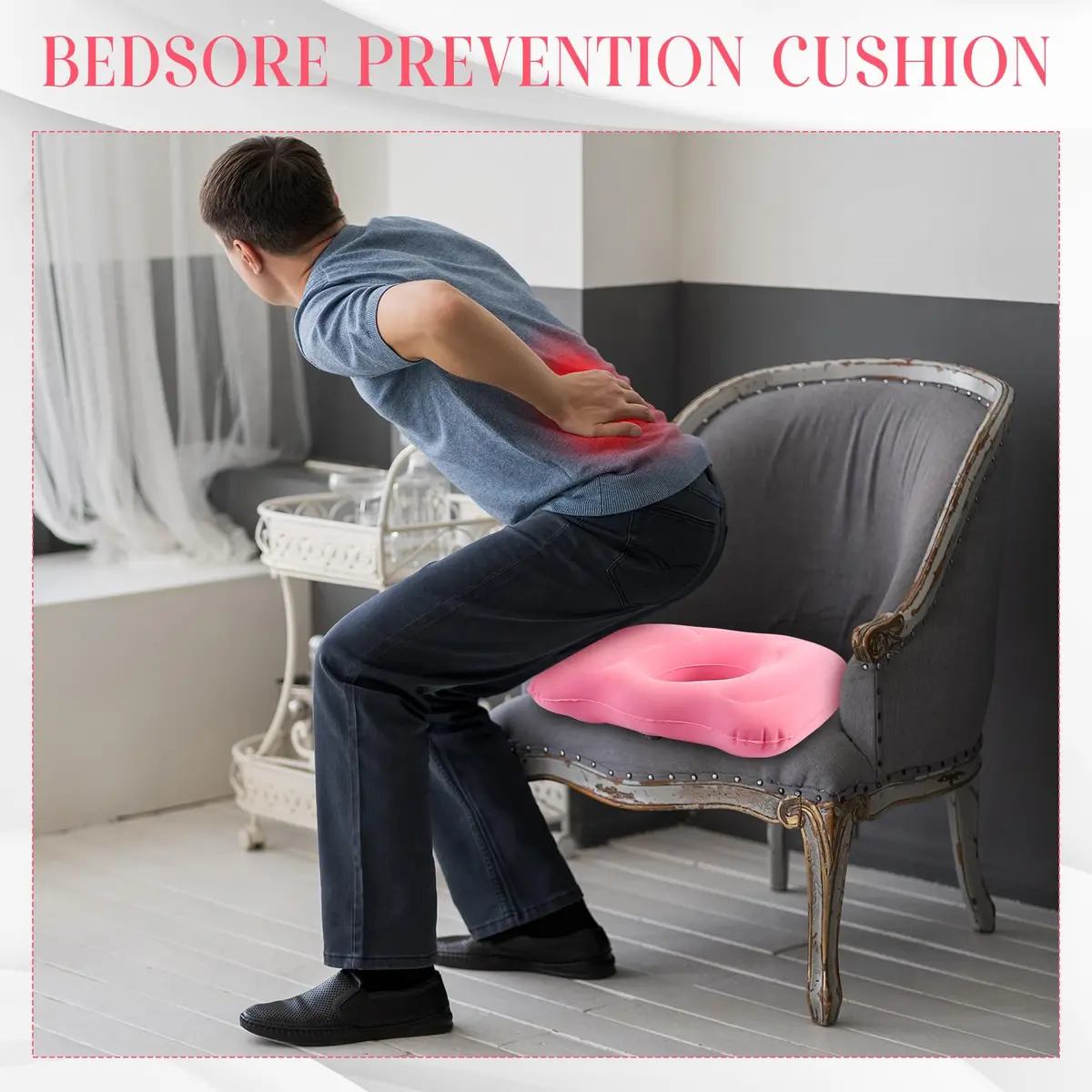 Leinuosen Pink Inflatable Seat Cushion 46cm x 40cm x 12cm (18.1" x 15.7" x 4.7") | Comfortable & Portable for All-Day Sitting - view 4