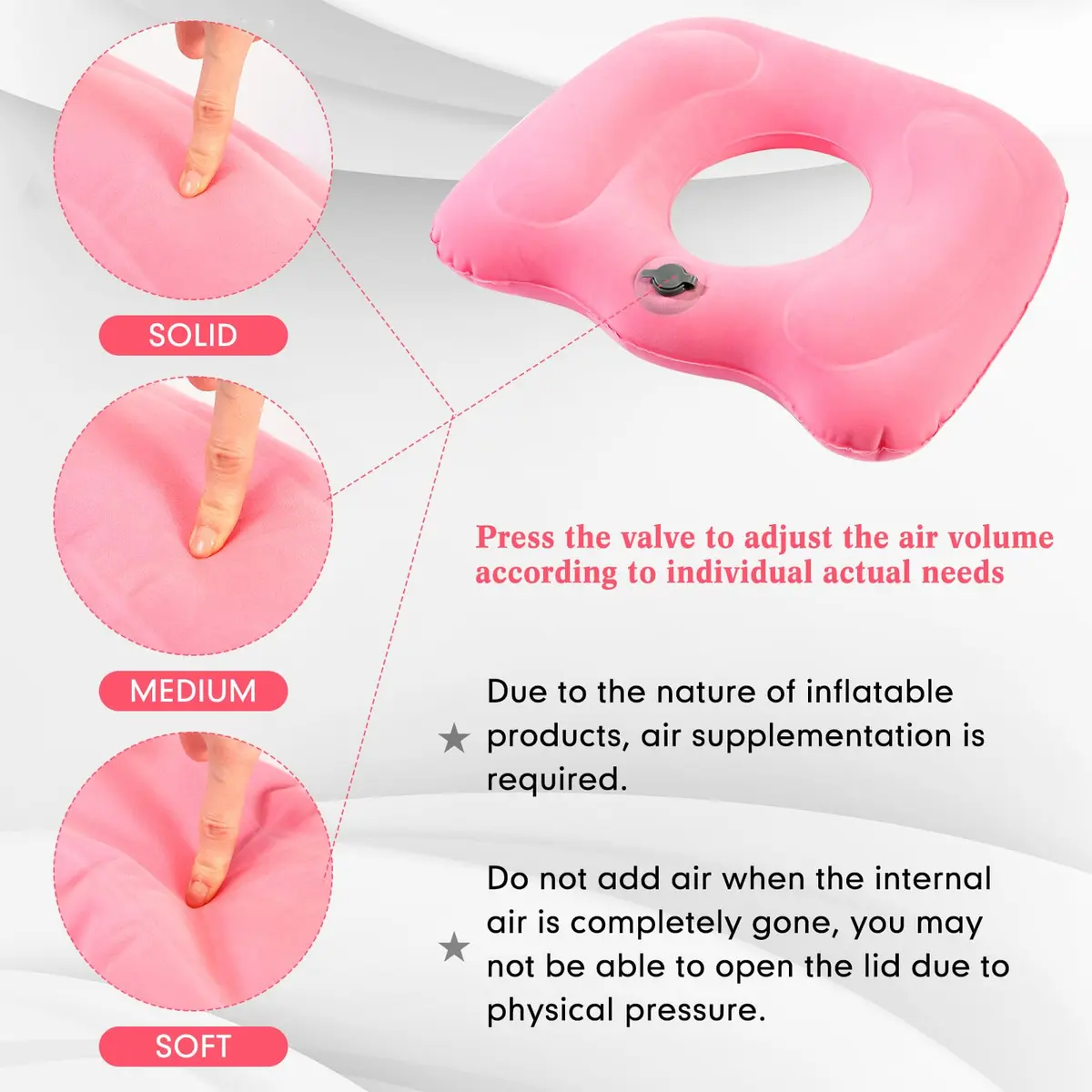 Leinuosen Pink Inflatable Seat Cushion 46cm x 40cm x 12cm (18.1" x 15.7" x 4.7") | Comfortable & Portable for All-Day Sitting - view 2