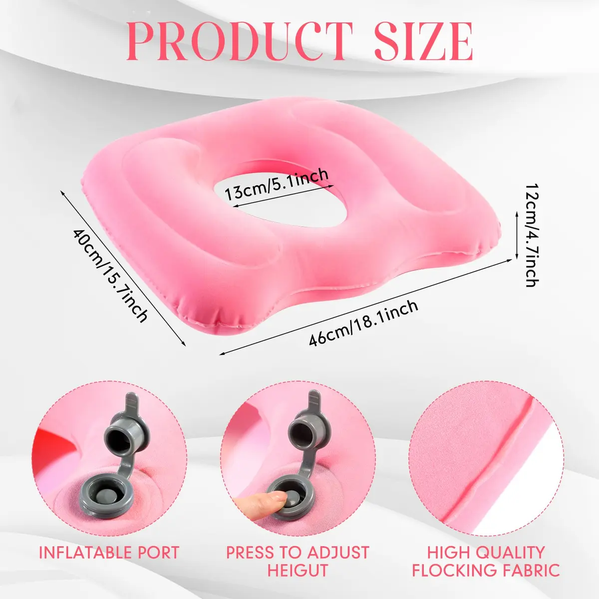 Leinuosen Pink Inflatable Seat Cushion 46cm x 40cm x 12cm (18.1" x 15.7" x 4.7") | Comfortable & Portable for All-Day Sitting - view 3