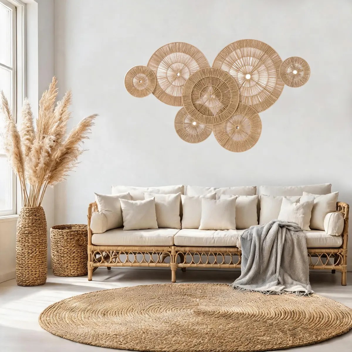 Mokof 7 Pack Handwoven Boho Baskets Wall Decor Set | 17.8 cm - 43.2 cm (7"-17") Diameter - view 2
