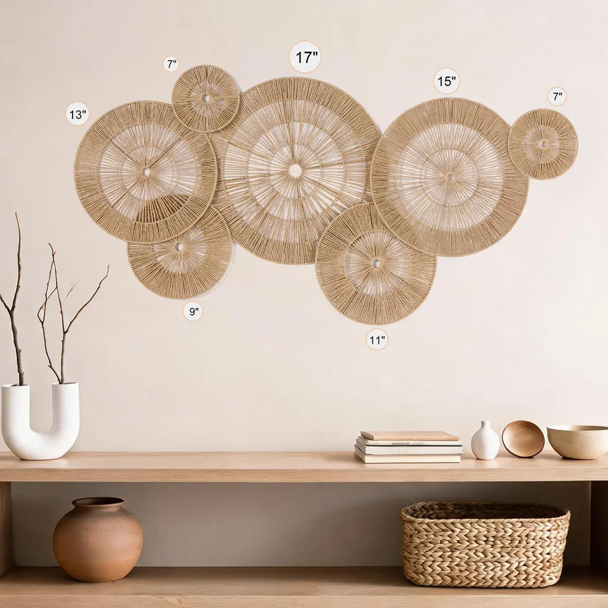 Mokof 7 Pack Handwoven Boho Baskets Wall Decor Set | 17.8 cm - 43.2 cm (7"-17") Diameter - view 3