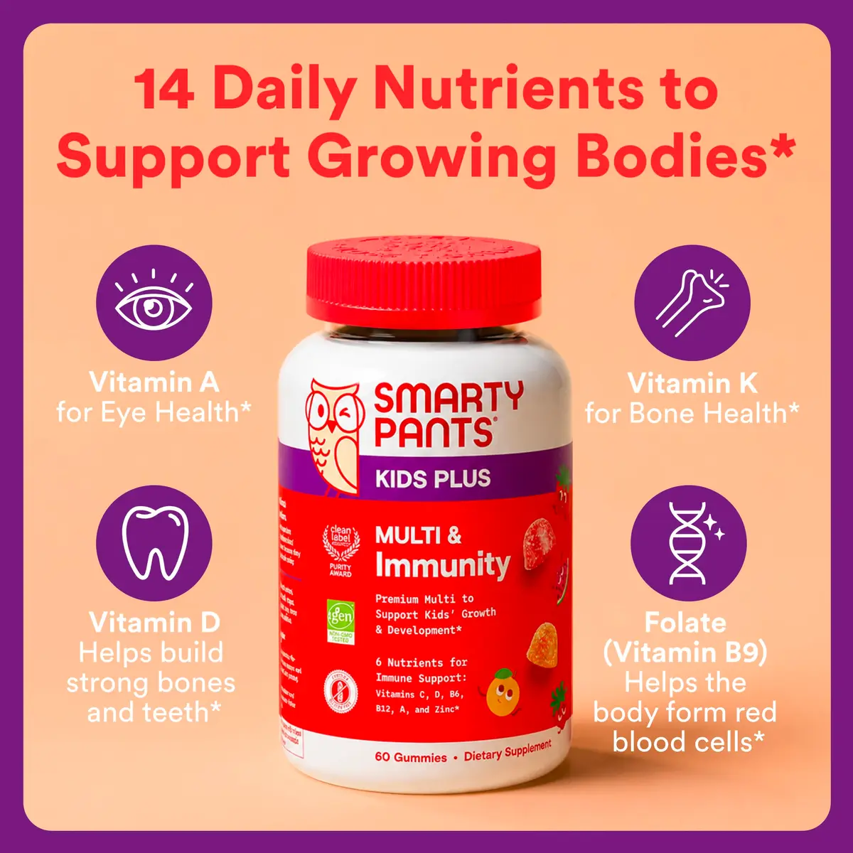 SmartyPants Kids Plus Multi & Immunity Multivitamin Gummies 60 Gummies | Supports Growth & Immunity in Delicious Flavors - view 2