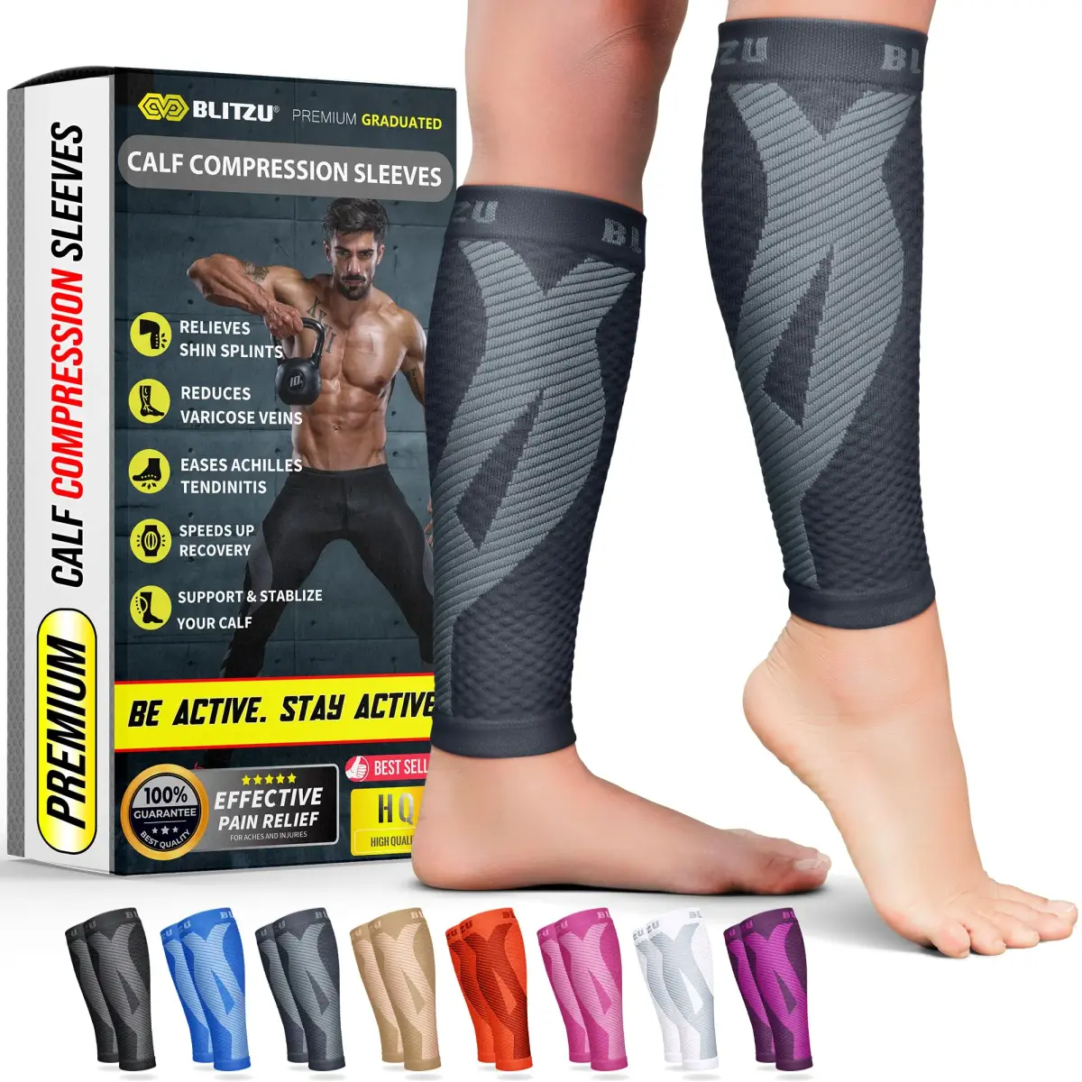 BLITZU Calf Compression Sleeves 3XL Gray | FDA Approved Medical Grade Support for Shin Splints & Varicose Veins - main product image