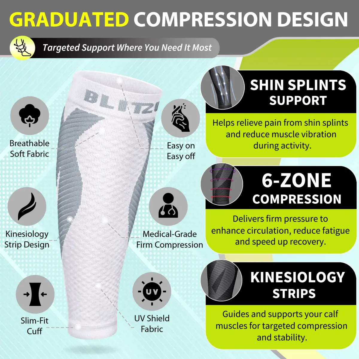 BLITZU Calf Compression Sleeves White 3XL | FDA Approved Orthopedic Brace for Shin Splints & Varicose Veins - view 3