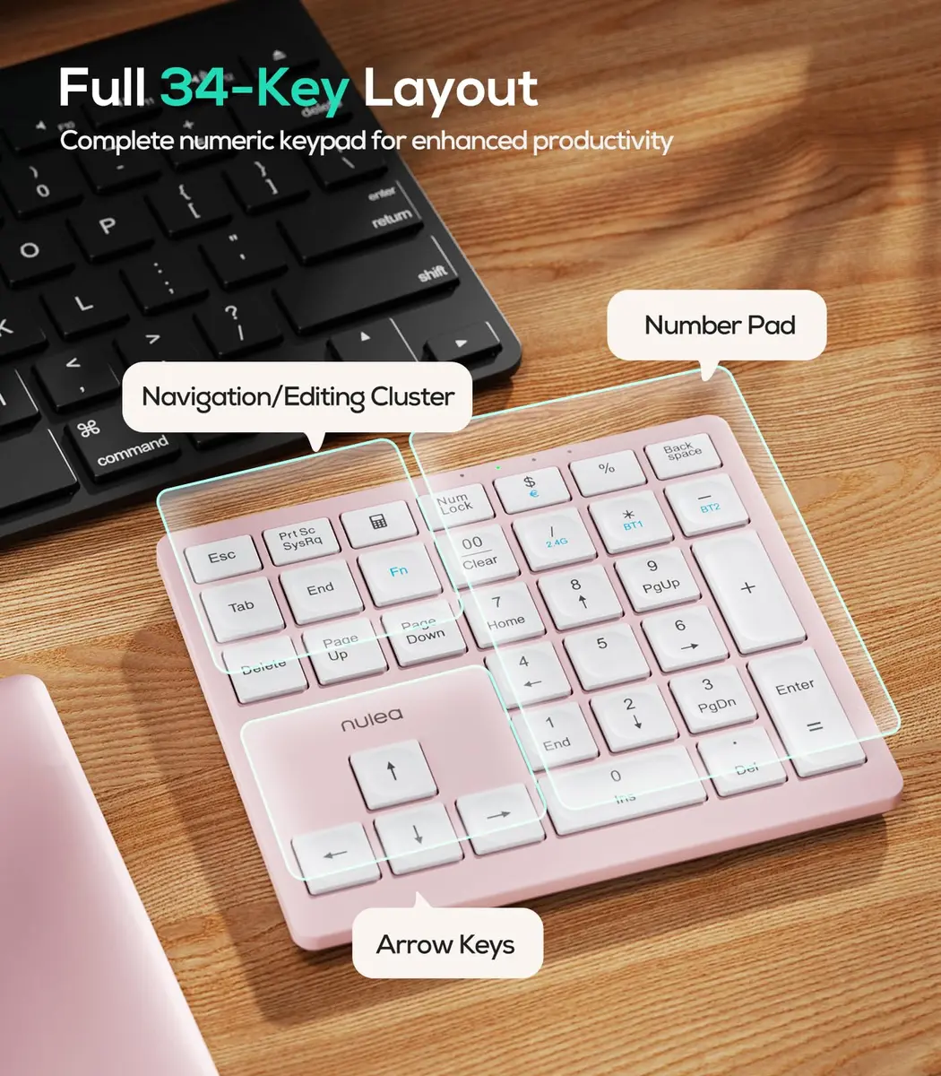 Nulea Wireless Number Pad Bluetooth 5.0 & 2.4G Numeric Keyboard Pink | 34-Key Portable Data Entry Keyboard - view 5