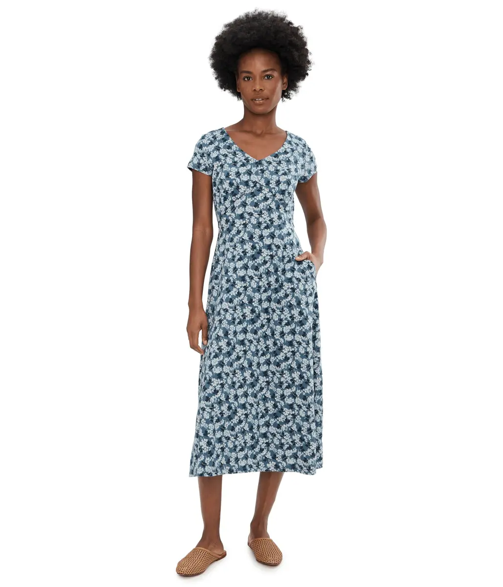 Toad&Co Women's Rose Midi Short Sleeve Dress Pacific Blue Print X-Small | Flattering A-line, cotton blend, casual wear - main product image