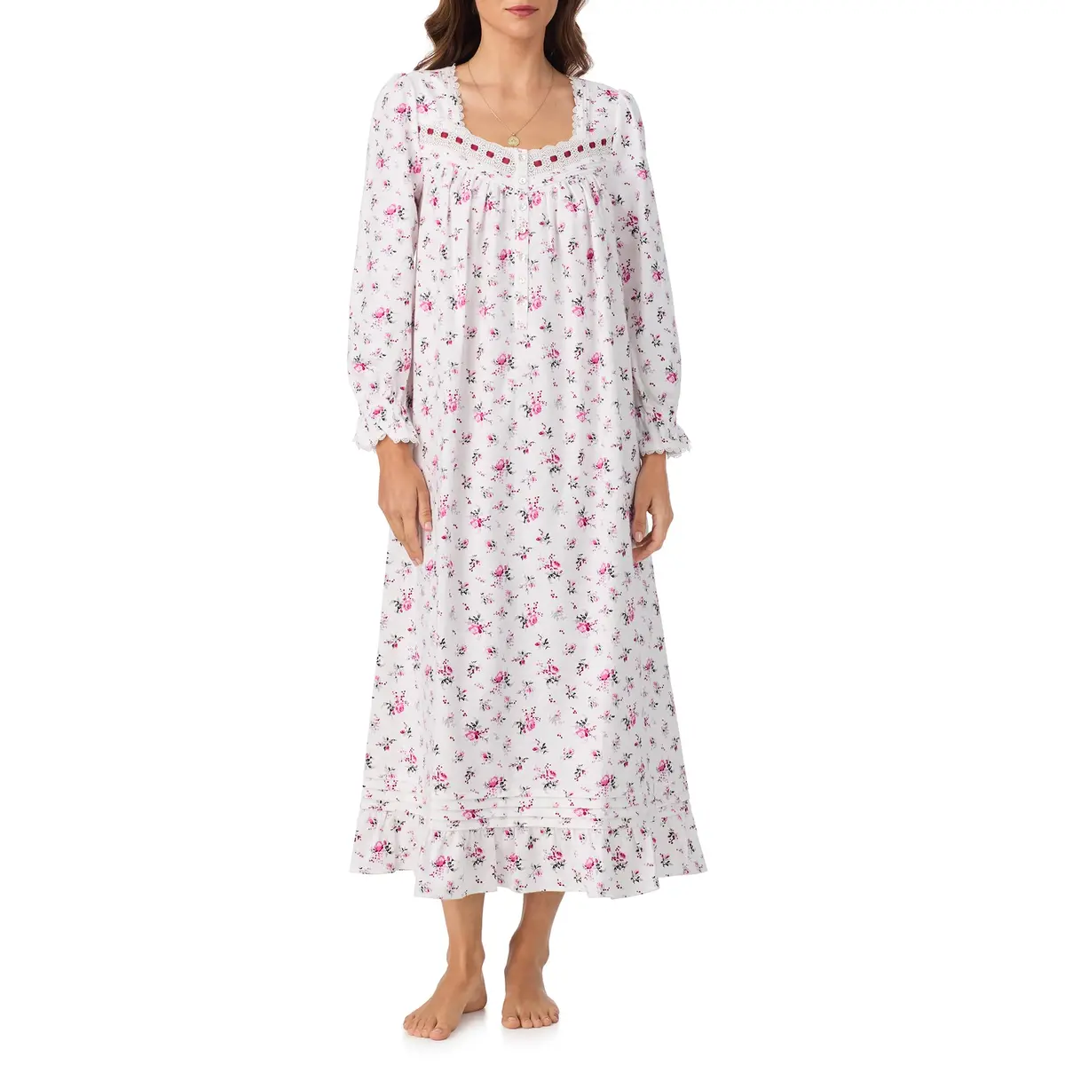 Eileen West Cotton Flannel Nightgown for Women | 50" Long Sleeve, Vintage Floral Design, Relaxed Fit - main product image
