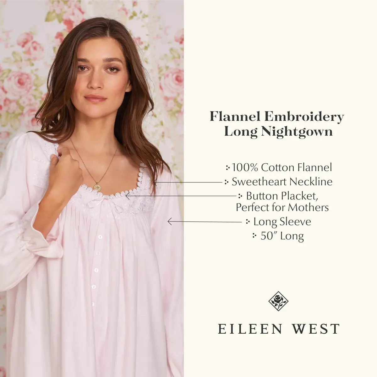 Eileen West Cotton Flannel Nightgown for Women | 50" Long Sleeve, Vintage Floral Design, Relaxed Fit - view 5