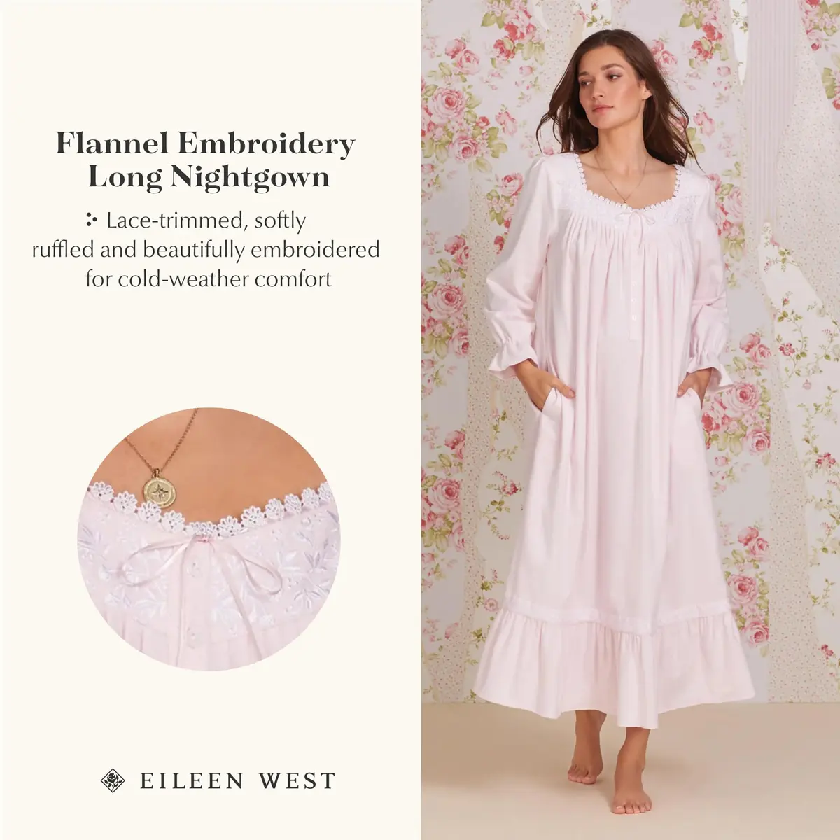Eileen West Cotton Flannel Nightgown for Women | 50" Long Sleeve, Vintage Floral Design, Relaxed Fit - view 4