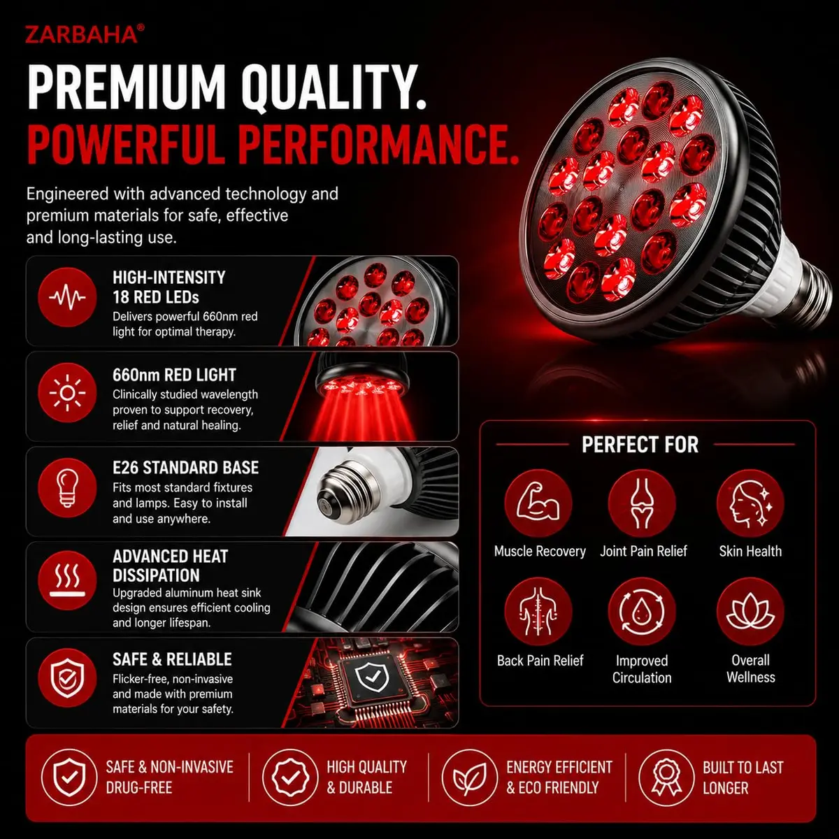 Zarbaha Red & Near Infrared Light Therapy Bulb – 18 LEDs with 660nm, 810nm, 850nm, 940nm Wavelengths – Wellness Light for Skin & Body – Aluminum Shell, E26 Socket - view 13