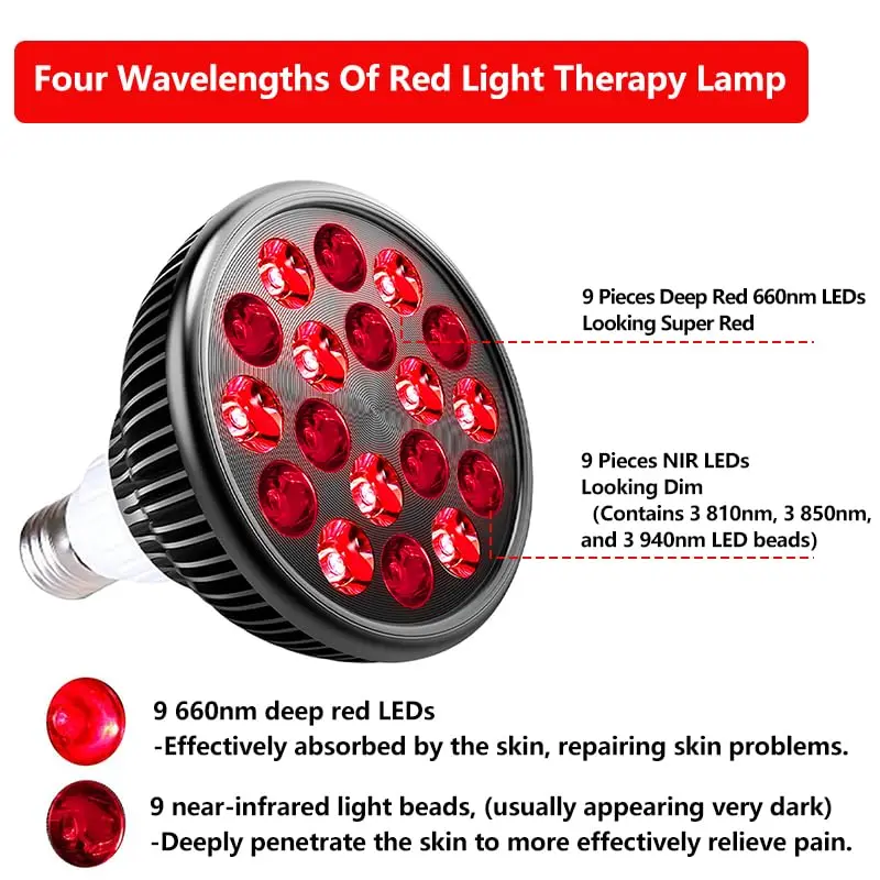 Zarbaha Red & Near Infrared Light Therapy Bulb – 18 LEDs with 660nm, 810nm, 850nm, 940nm Wavelengths – Wellness Light for Skin & Body – Aluminum Shell, E26 Socket - view 6
