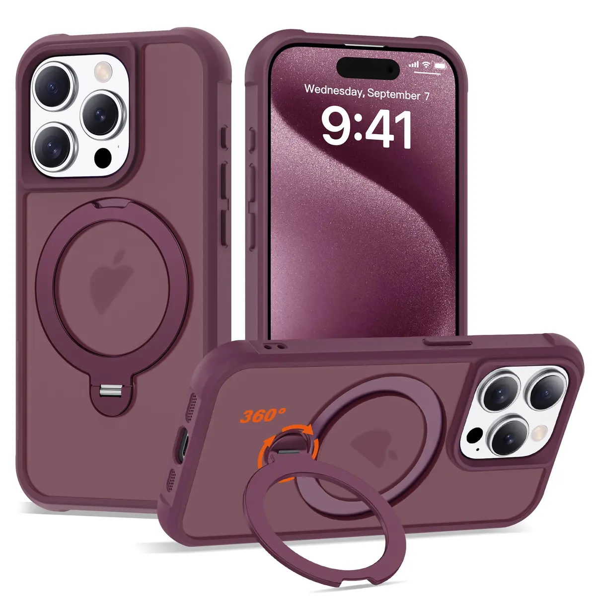 UGENINO Case for iPhone 15 Pro 6.1" | Magnetic 360° Spin Stand, Shockproof, Wine Red - main product image