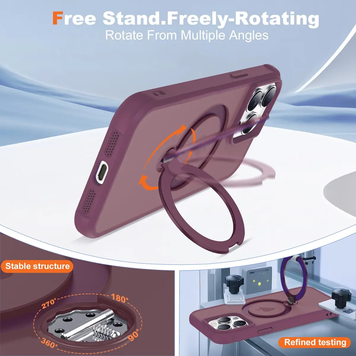 UGENINO Case for iPhone 15 Pro 6.1" | Magnetic 360° Spin Stand, Shockproof, Wine Red - view 3