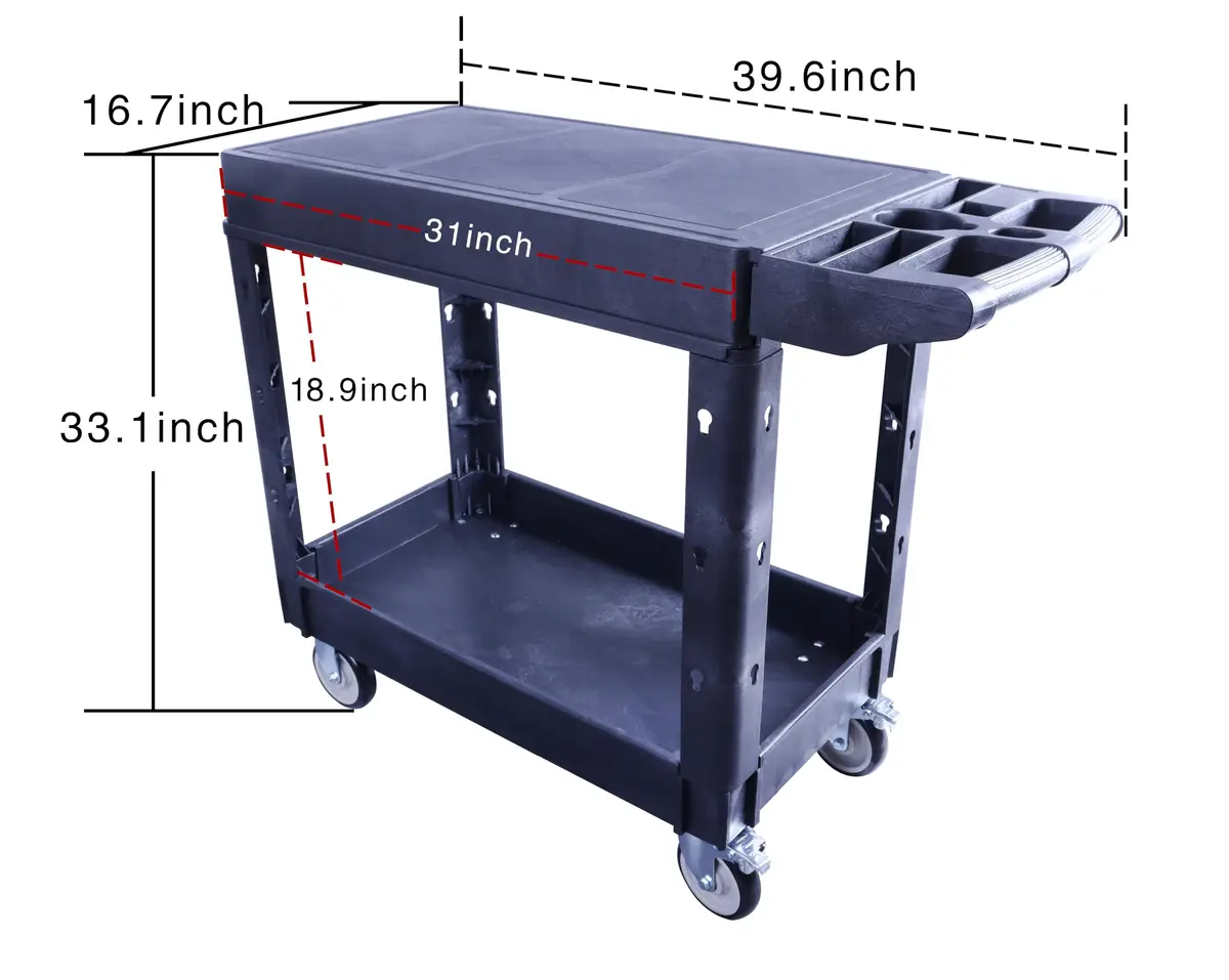 HIGOOD Heavy Duty Plastic Utility Cart 39.57 x 16.73 in | Supports 500 lbs, Flat Top, Black - view 2