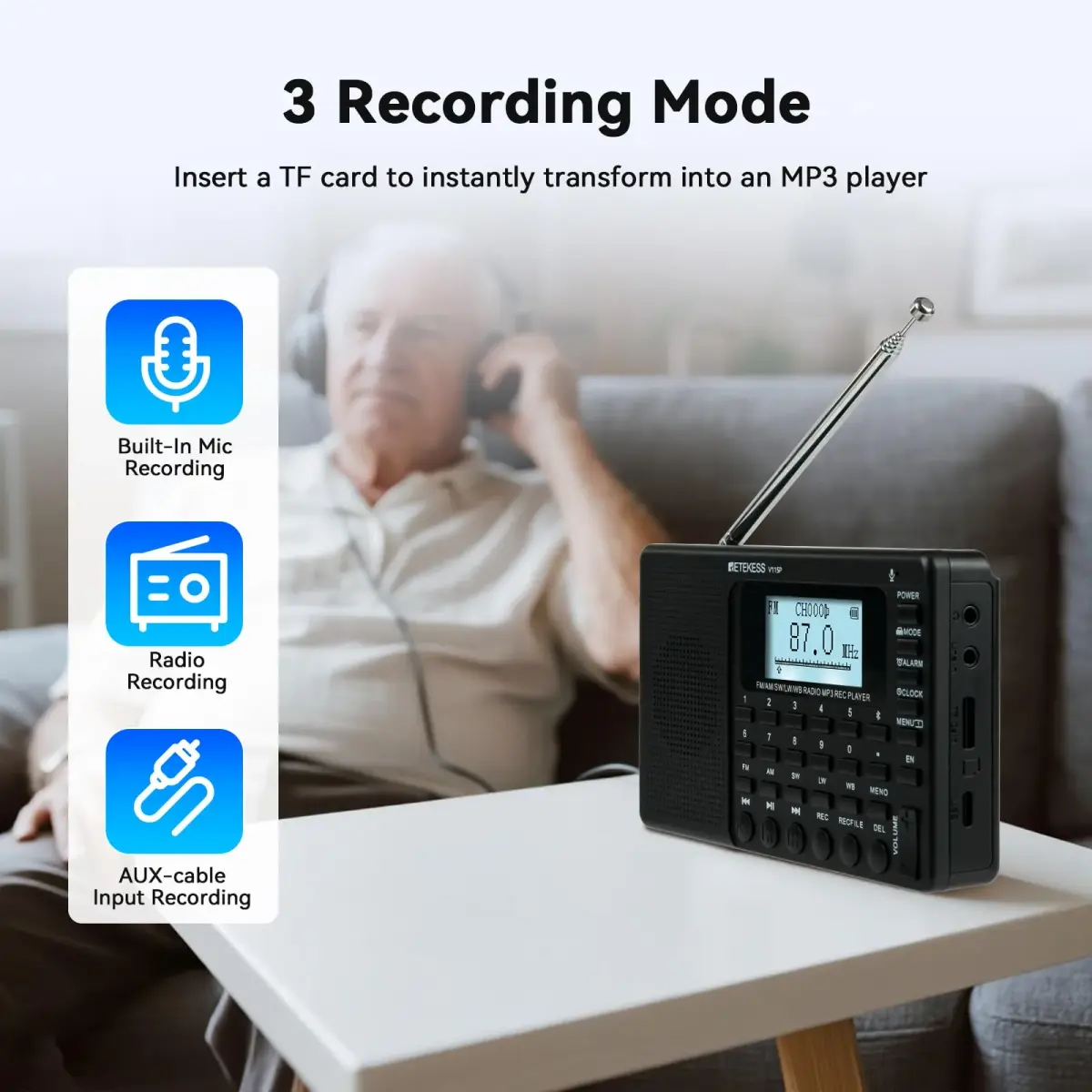 Retekess V115P Portable Shortwave Radio, Rechargeable AM FM SW WB Radio, 192g (0.42 lb) | Digital Tuning & Voice Recorder - view 3