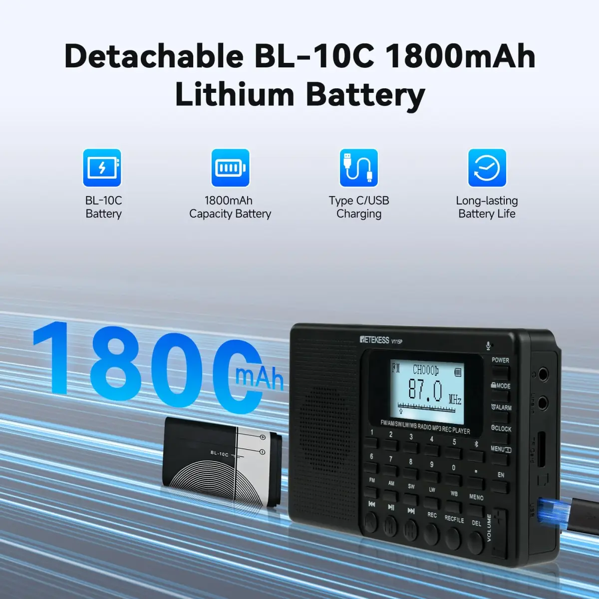 Retekess V115P Portable Shortwave Radio, Rechargeable AM FM SW WB Radio, 192g (0.42 lb) | Digital Tuning & Voice Recorder - view 4