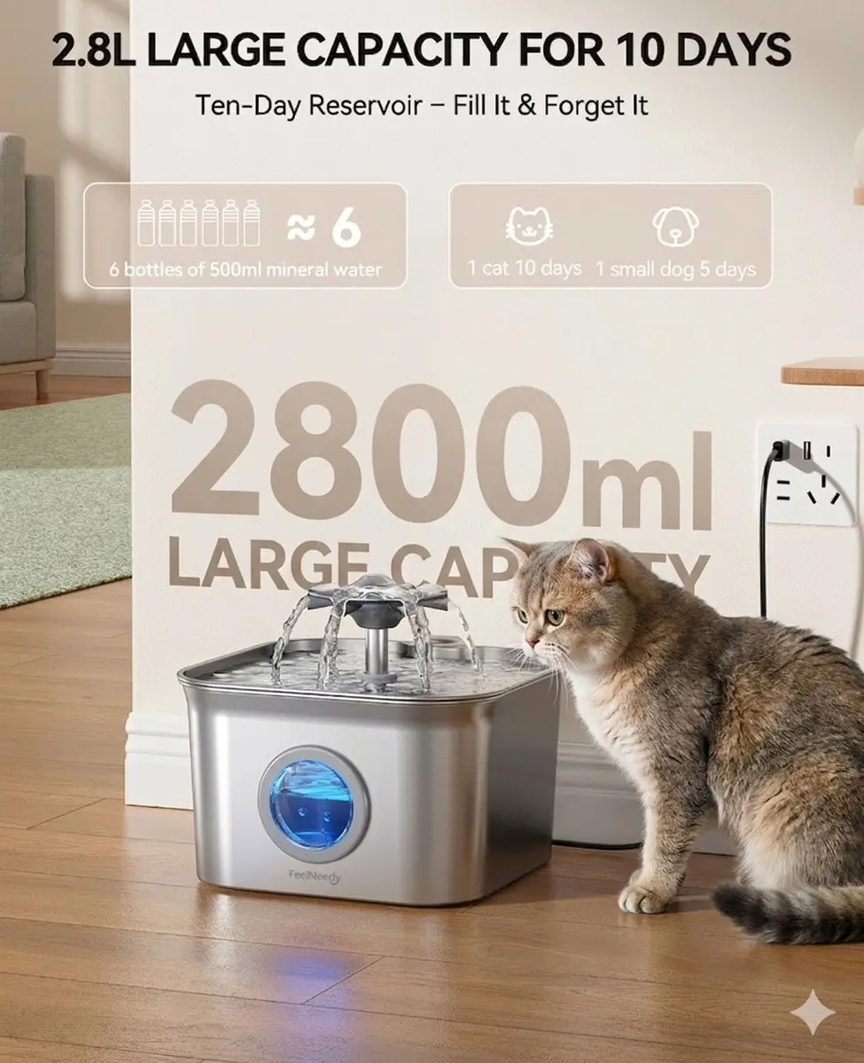 FEELNEEDY Cat Water Fountain Stainless Steel 2.8L | Quiet, Durable & Easy to Clean - view 7