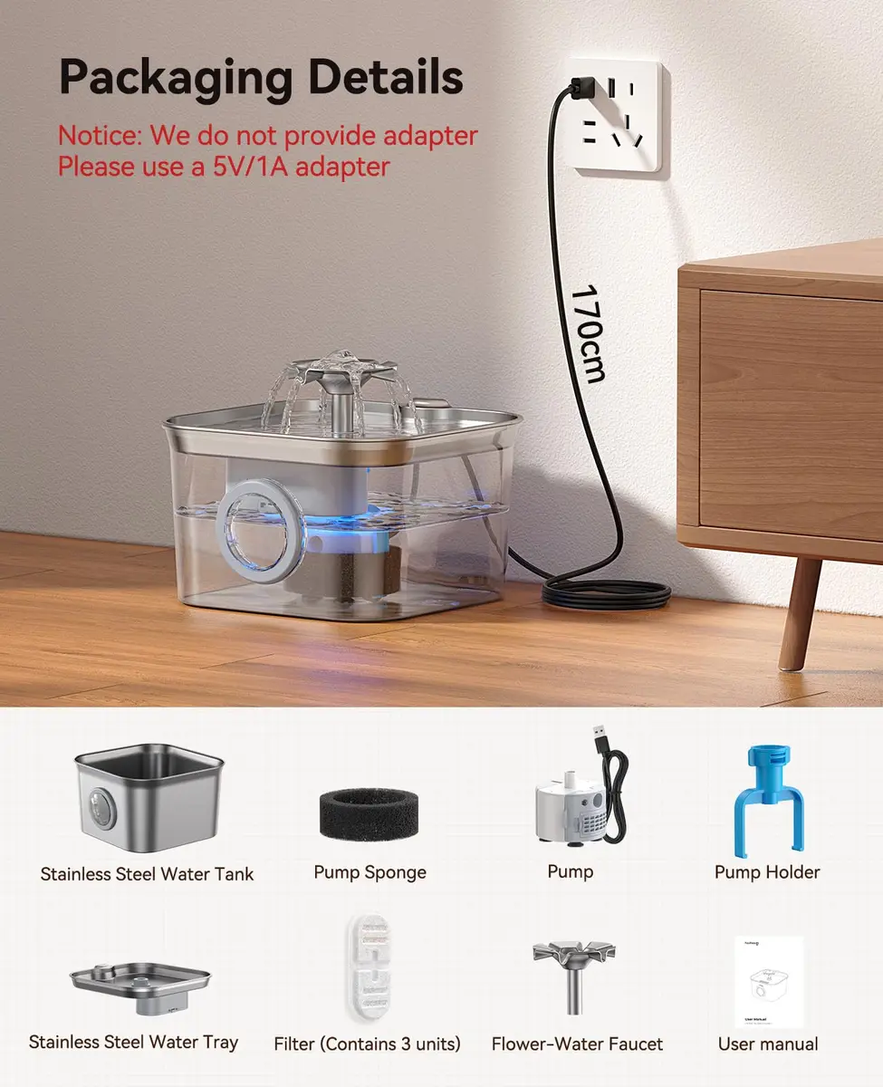 FEELNEEDY Cat Water Fountain Stainless Steel 2.8L | Quiet, Durable & Easy to Clean - view 8