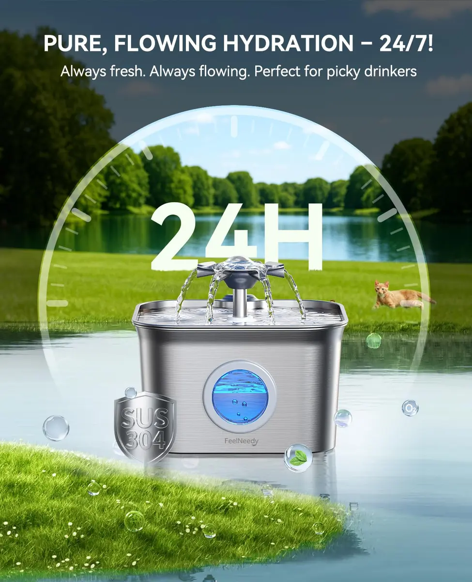 FEELNEEDY Cat Water Fountain Stainless Steel 2.8L | Quiet, Durable & Easy to Clean - view 2
