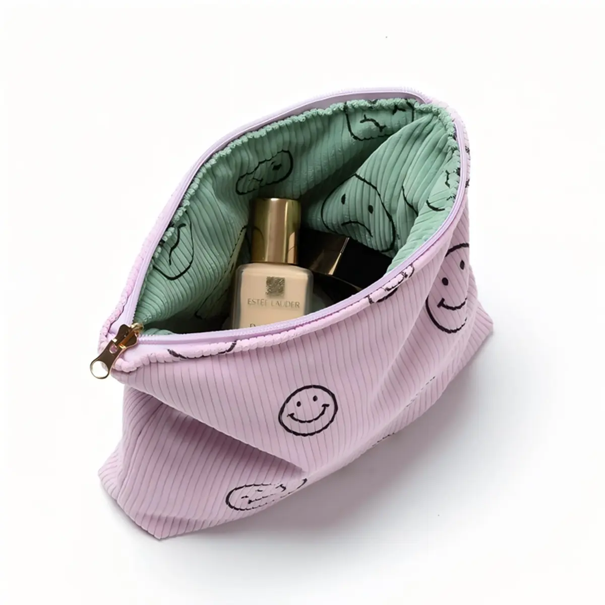 Gardsell Corduroy Cosmetic Bag Aesthetic Women Handbags Purses Smile Dots Makeup Organizer Storage Makeup Bag Girls Case Bags (Double Purple Green) - view 5