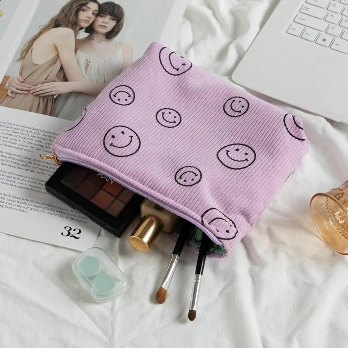 Gardsell Corduroy Cosmetic Bag Aesthetic Women Handbags Purses Smile Dots Makeup Organizer Storage Makeup Bag Girls Case Bags (Double Purple Green) - view 6