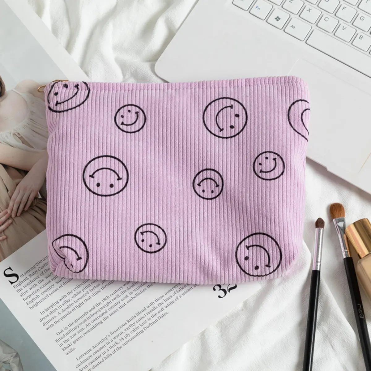 Gardsell Corduroy Cosmetic Bag Aesthetic Women Handbags Purses Smile Dots Makeup Organizer Storage Makeup Bag Girls Case Bags (Double Purple Green) - view 7