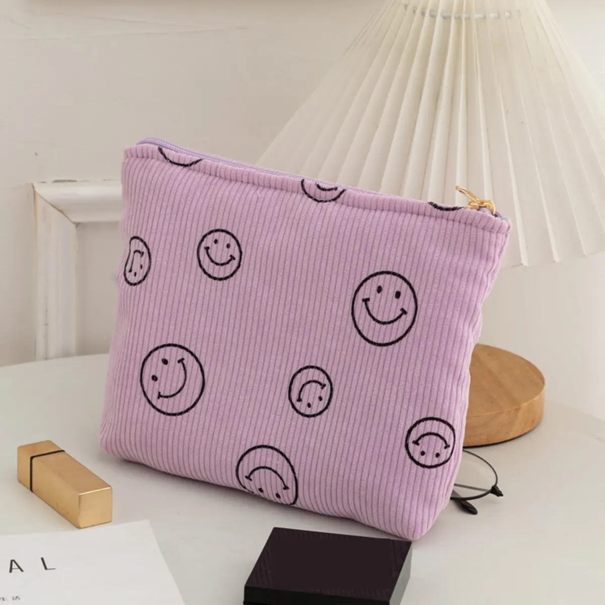 Gardsell Corduroy Cosmetic Bag Aesthetic Women Handbags Purses Smile Dots Makeup Organizer Storage Makeup Bag Girls Case Bags (Double Purple Green) - view 4