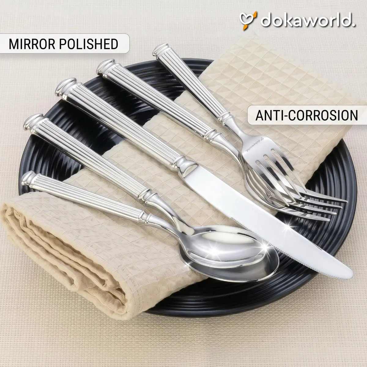 dokaworld Stainless Steel Flatware Set for 8 | Heavy Duty 18/10 Silverware with Mirror Finish - view 5