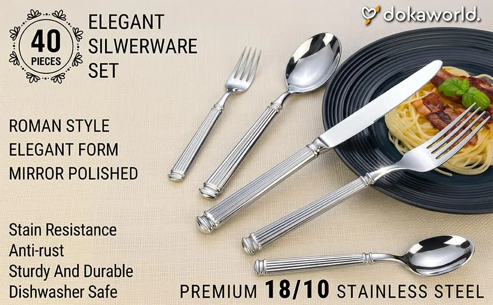 dokaworld Stainless Steel Flatware Set for 8 | Heavy Duty 18/10 Silverware with Mirror Finish - view 9