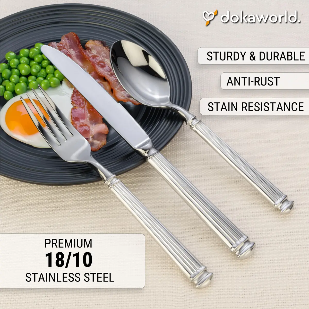 dokaworld Stainless Steel Flatware Set for 8 | Heavy Duty 18/10 Silverware with Mirror Finish - view 4