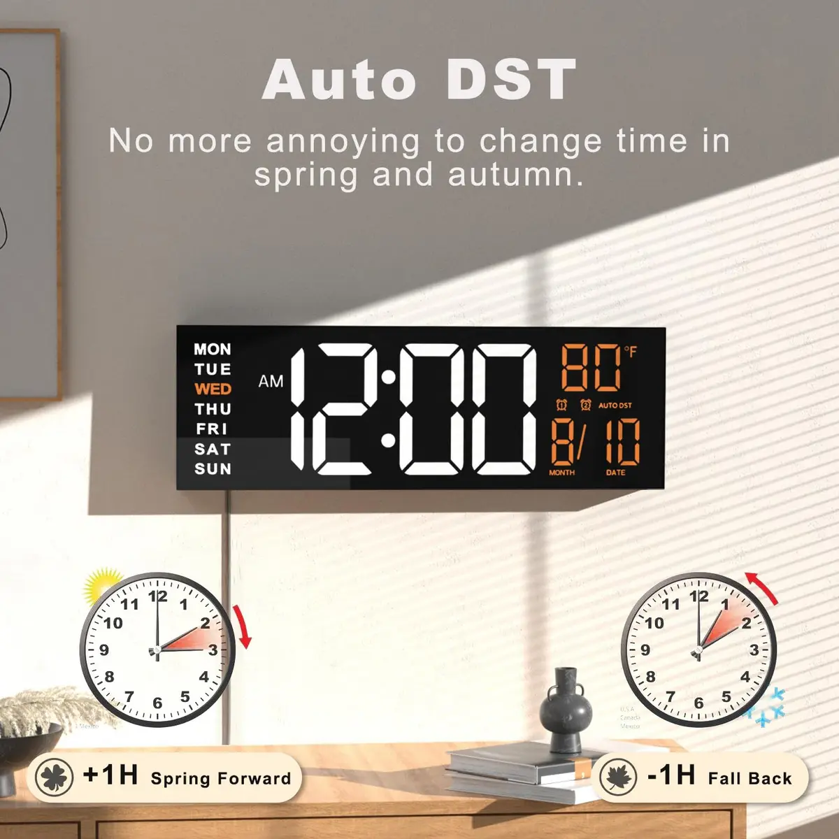 JALL 13" Digital Wall Clock with Alarm & Timer | Large LED Display, Auto DST, Temperature, RGB Night Light (13 inches) - view 5
